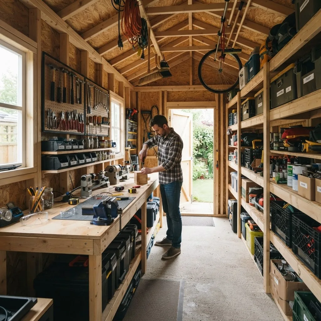 the interior perspective of a well-organised 10m2 shed with wall-mounted shelves, pegboards with tools, compact workbench, and natural