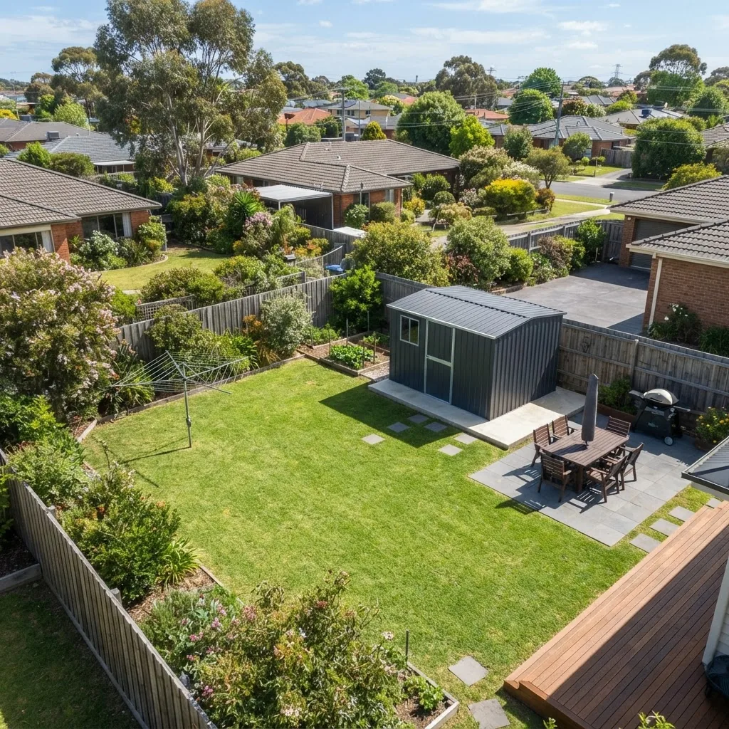 an aerial view of a typical 10 square meter garden shed installed in a suburban backyard in Melbourne, showing clear size comparison