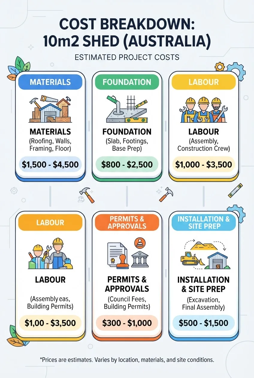 breaks down 10m2 shed costs: materials (roofing, walls, floor), foundation, labour, permits, and installation, each section with a simple