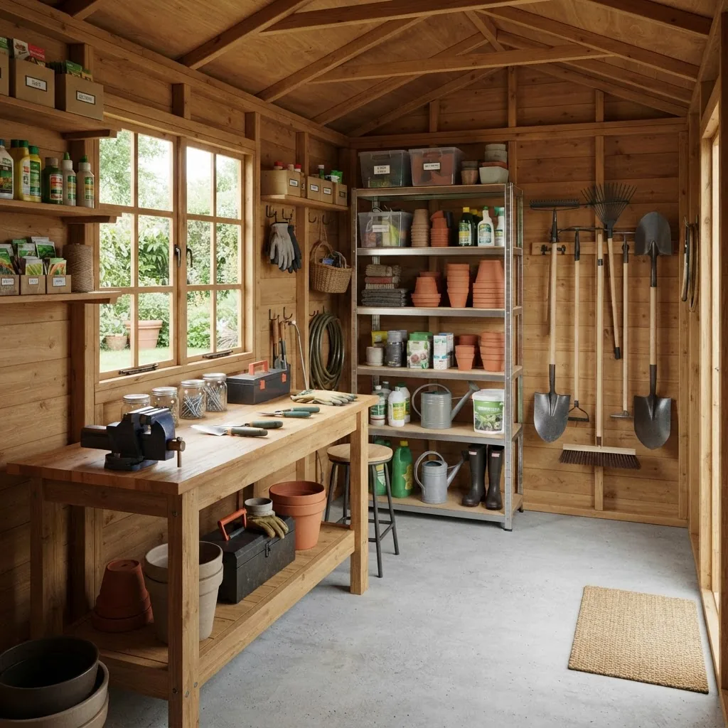 Interior photo of a 12x8 garden shed showing well-organized storage with shelves, hanging racks, a workbench, and natural light filtering