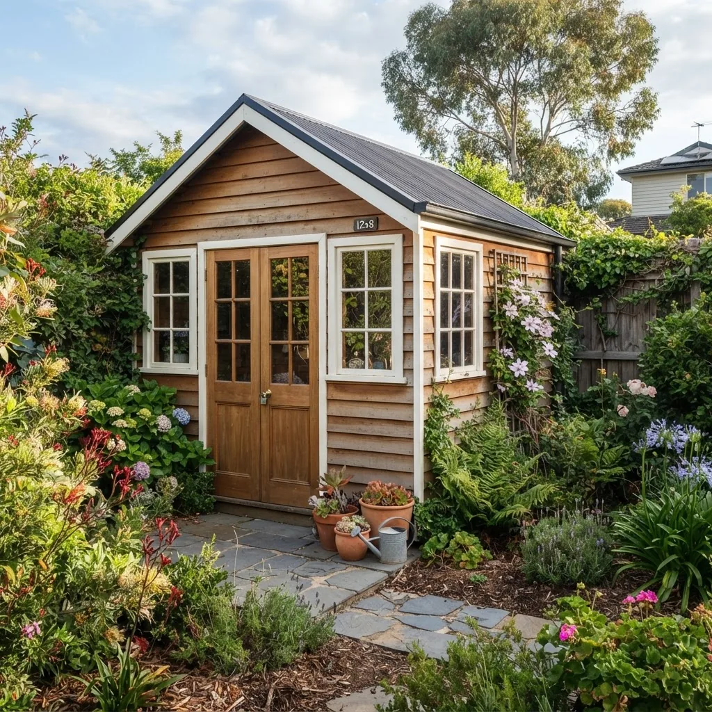 A brightly lit photo of a 12x8 wooden garden shed set in a typical Melbourne backyard garden with visible surrounding plants, taken at eye