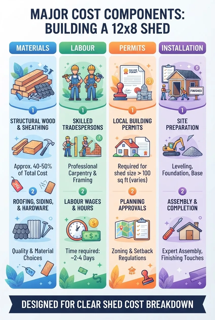 A clear infographic with four vertical columns outlining major 12x8 shed cost components: Materials, Labour, Permits, and Installation,