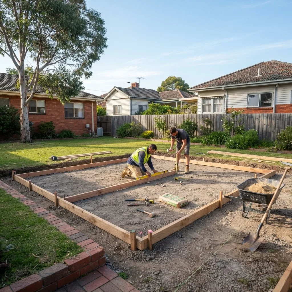 High-resolution photo of a flat, prepared backyard ground in Melbourne with foundation forms being set for a medium-sized shed, visible