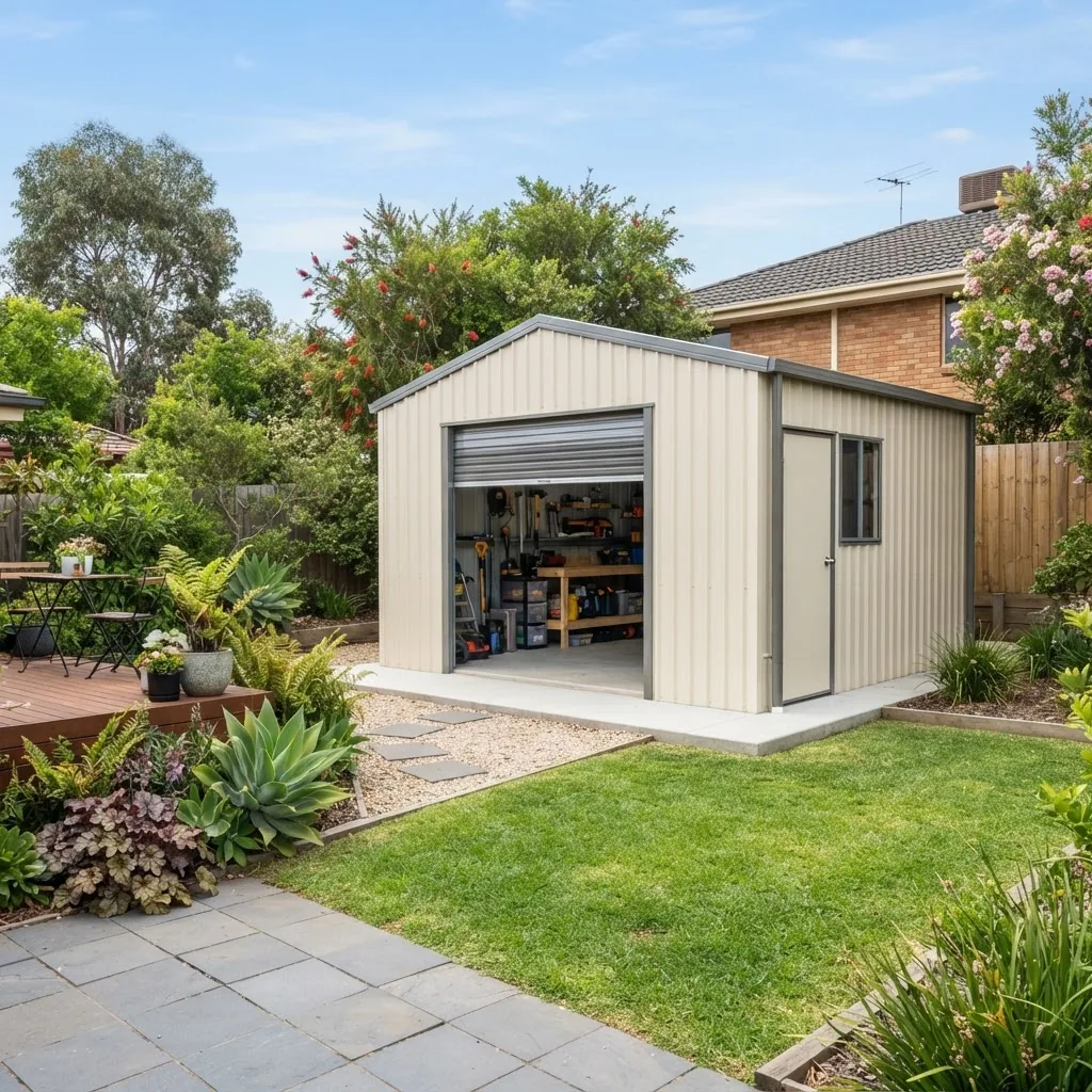 A bright, well-lit photo of a 12x9 outdoor shed on a suburban Melbourne backyard, shot from the front corner showing the full structure,