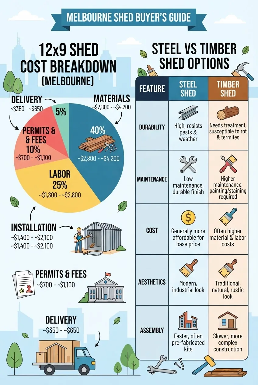 depicts a breakdown of 12x9 shed costs in Melbourne—pie chart showing percentages for materials, labor, permits, delivery, and