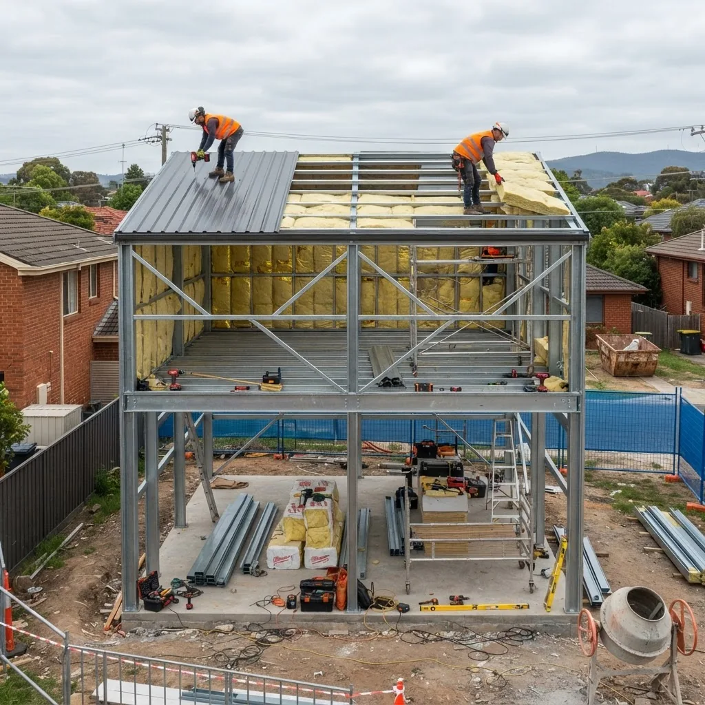 Construction site image showing partially built two-storey steel framed shed with construction workers installing insulation and roofing