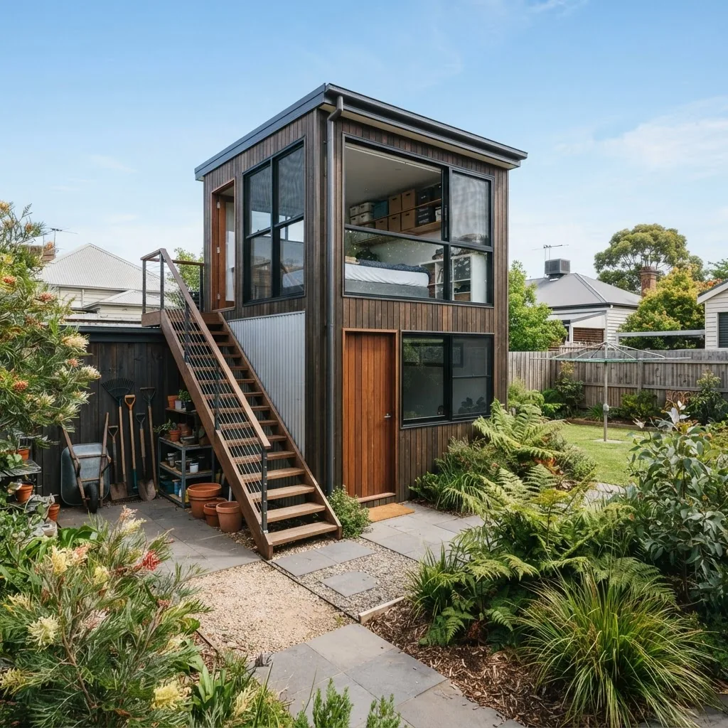 A modern two-storey garden shed with loft storage under daylight, situated in a typical suburban backyard in Melbourne, viewed at an angle