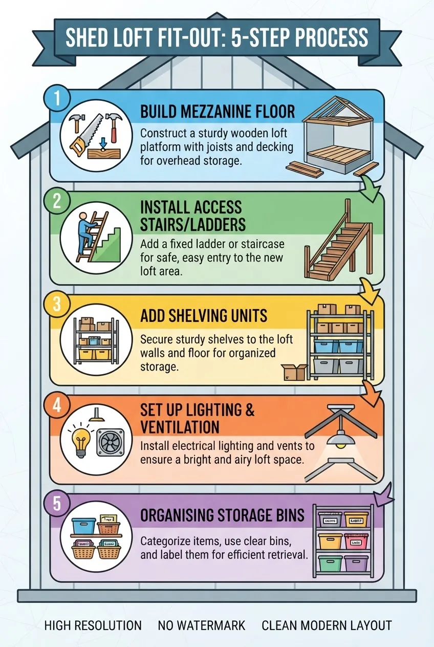 A clean infographic showing a 5-step vertical layout for shed loft fit out: step 1 building mezzanine floor, step 2 installing access