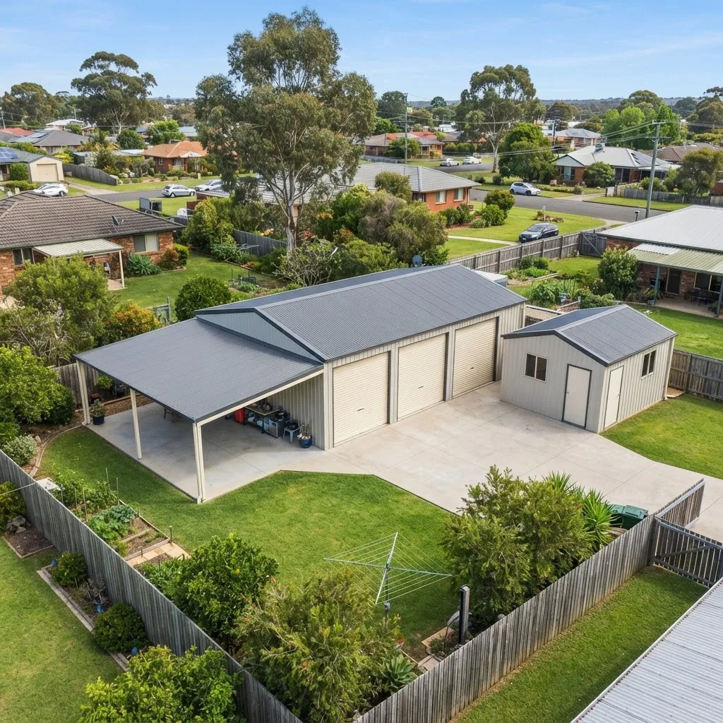 a 3 bay shed with an attached awning and a separate workshop bay, located in a suburban Australian backyard, showing detailed roofing and