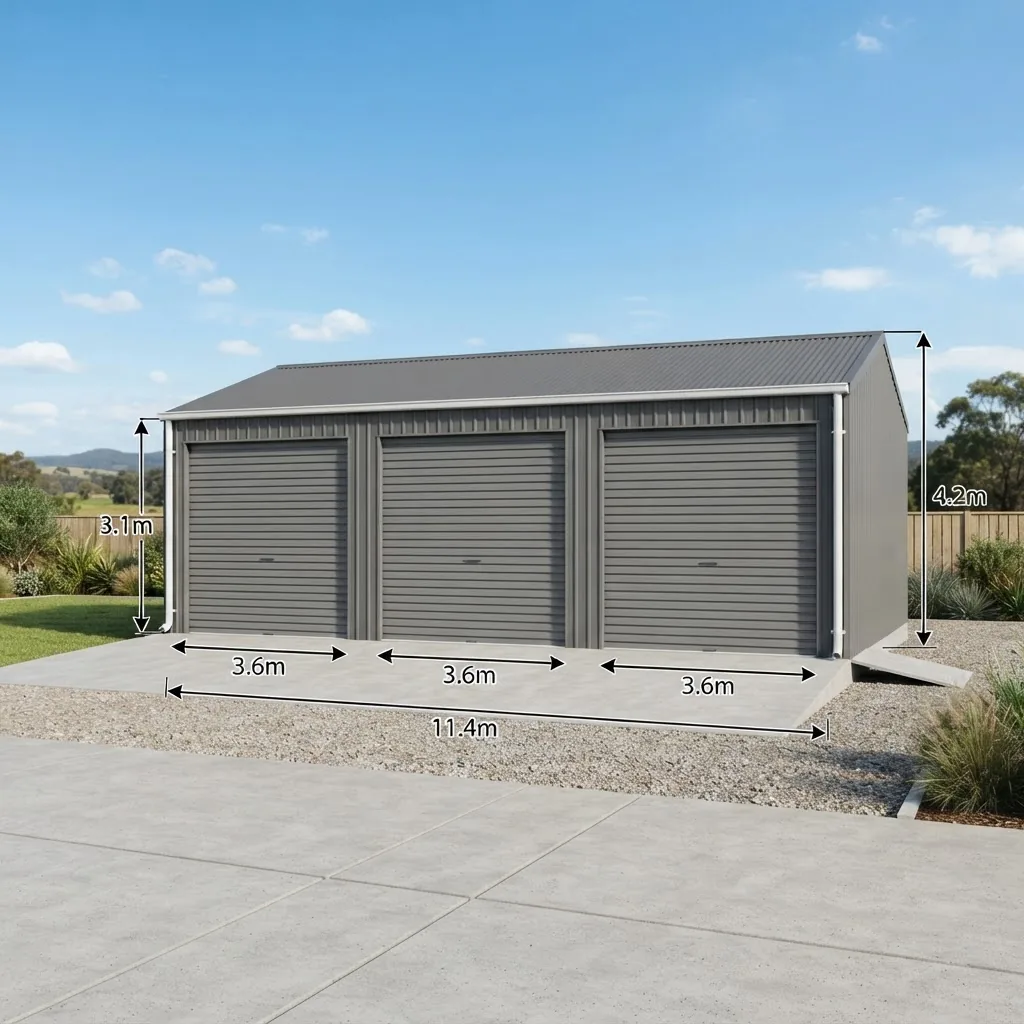 high-resolution 3D rendered side-view of a modern 3 bay shed with three separate roller doors, showing standard dimension lines and a clear