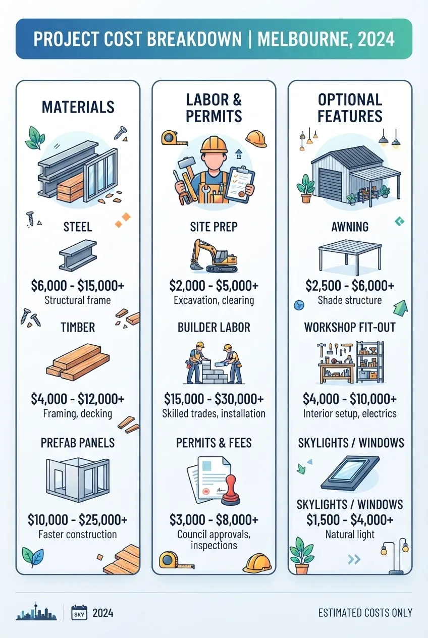 with three columns detailing cost breakdowns: Materials (steel, timber, prefab), Labor & Permits, and Optional Features (awning, workshop).