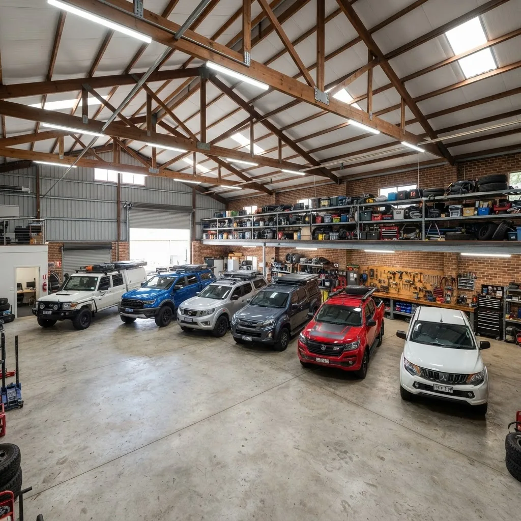 Interior view of a large 6 car garage with spacious vehicle bays, overhead storage racks, workbench area, bright LED lighting, and large