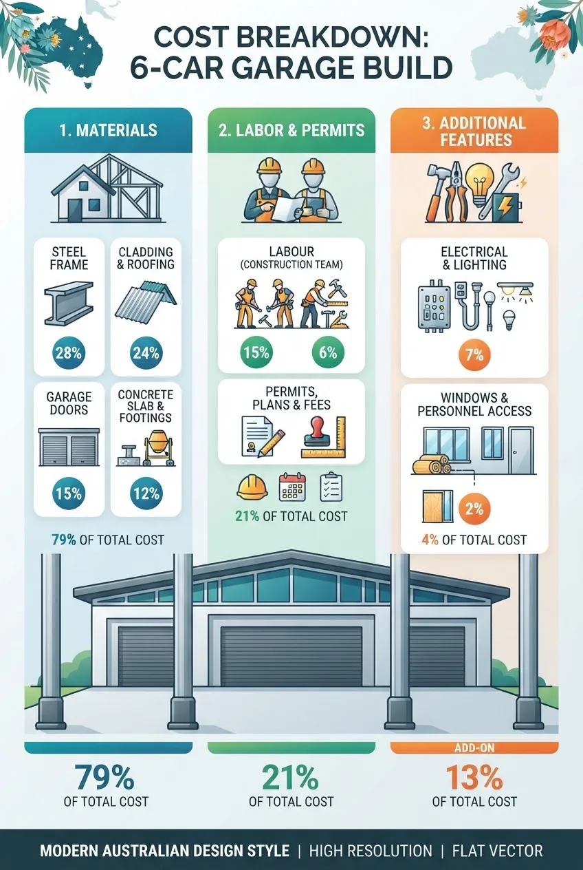 A three-section infographic showing cost components of a 6 car garage: 1. Materials (steel frame, cladding, doors) with icons, 2. Labor &