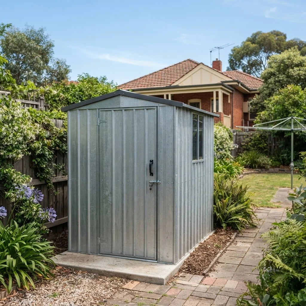 An outdoor photo of a 6x10 sized metal shed in a Melbourne backyard setting under daylight, showing details of construction material and