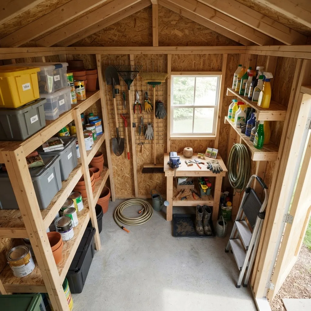 A bird's eye view photograph of a neatly organized 6x10-foot garden storage shed interior showing shelving on walls, stacked bins, tools