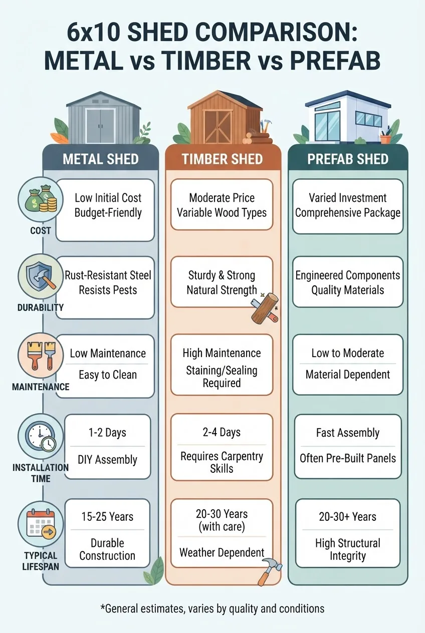 An infographic featuring a three-column comparison of metal, timber, and prefab 6x10 sheds with icons for cost, durability, maintenance,