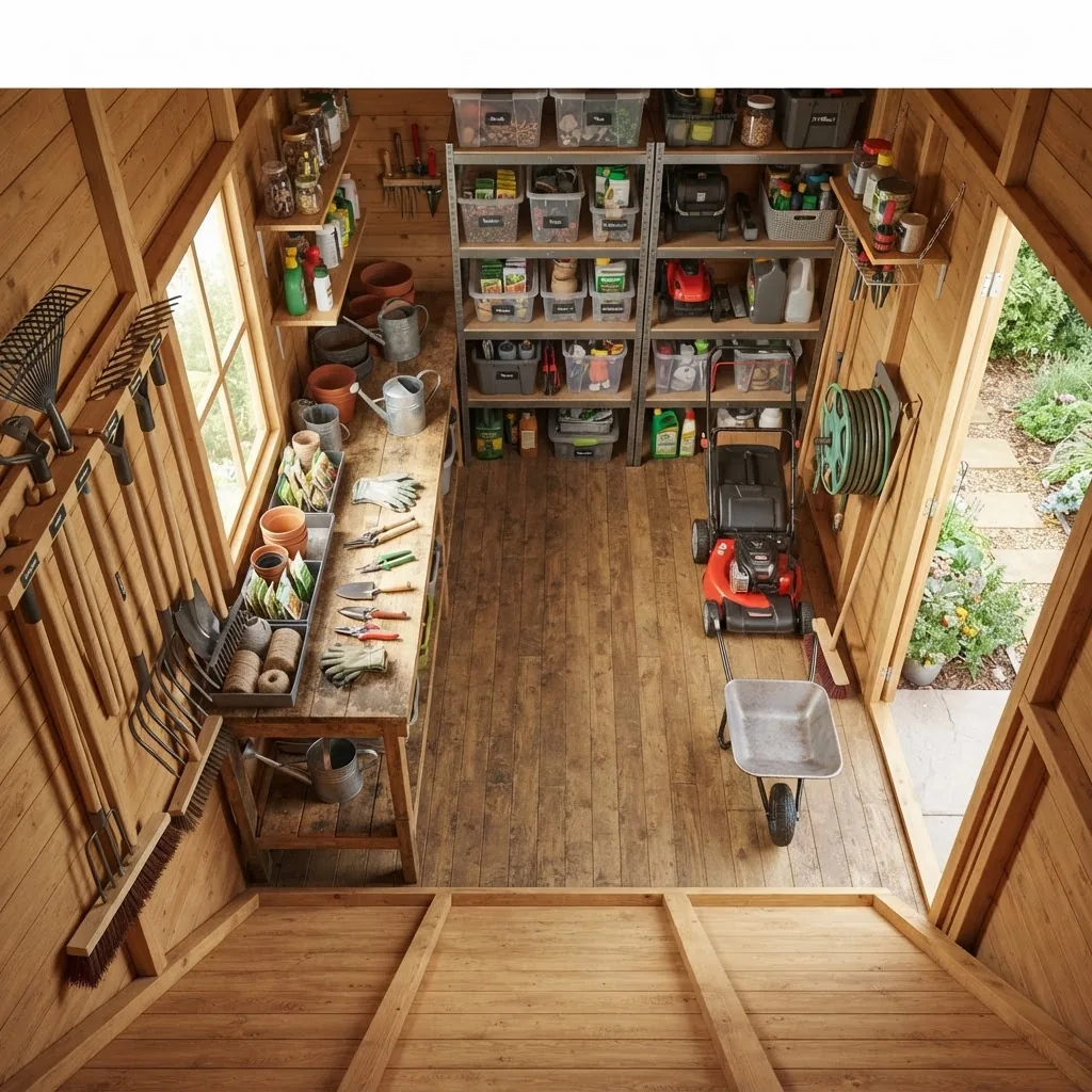 a 6x3 garden shed interior showing organized tool racks, shelving, and workspace layout in natural light, with garden tools and lawn