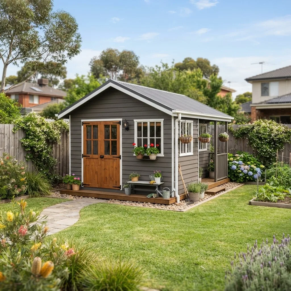 a standalone 6m x 3m garden shed on a grassy garden plot in a Melbourne suburban backyard, daylight, clear view showing front and side with