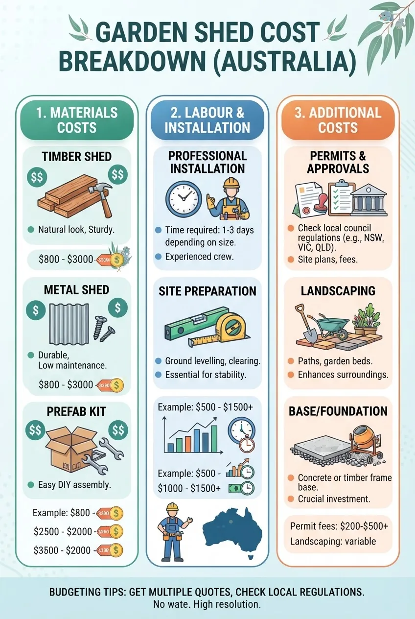 An infographic with 3 vertical columns showing: 1) Materials costs with icons (timber, metal, prefab), 2) Labour and installation costs