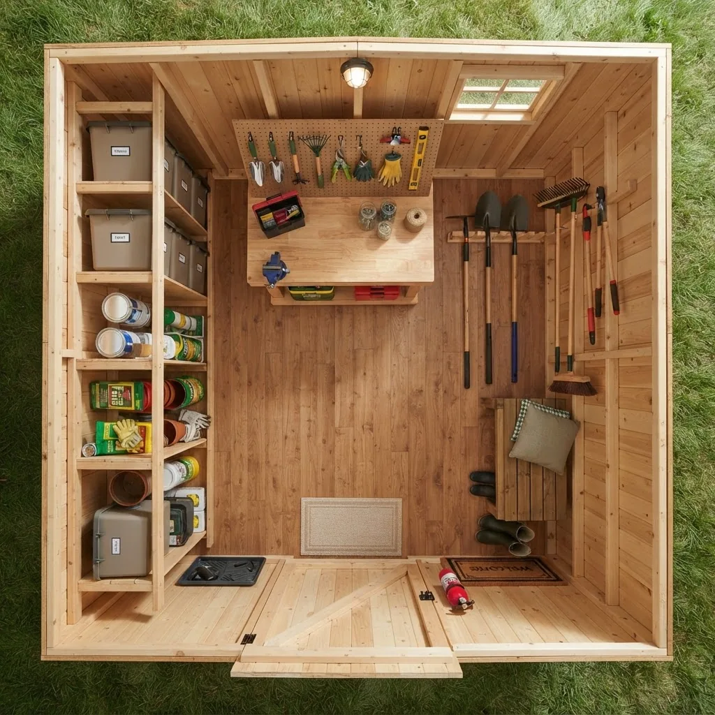 an organized 6x6 storage shed interior layout showing built-in shelving, a bench, garden tools hung neatly, and a compact workbench, staged