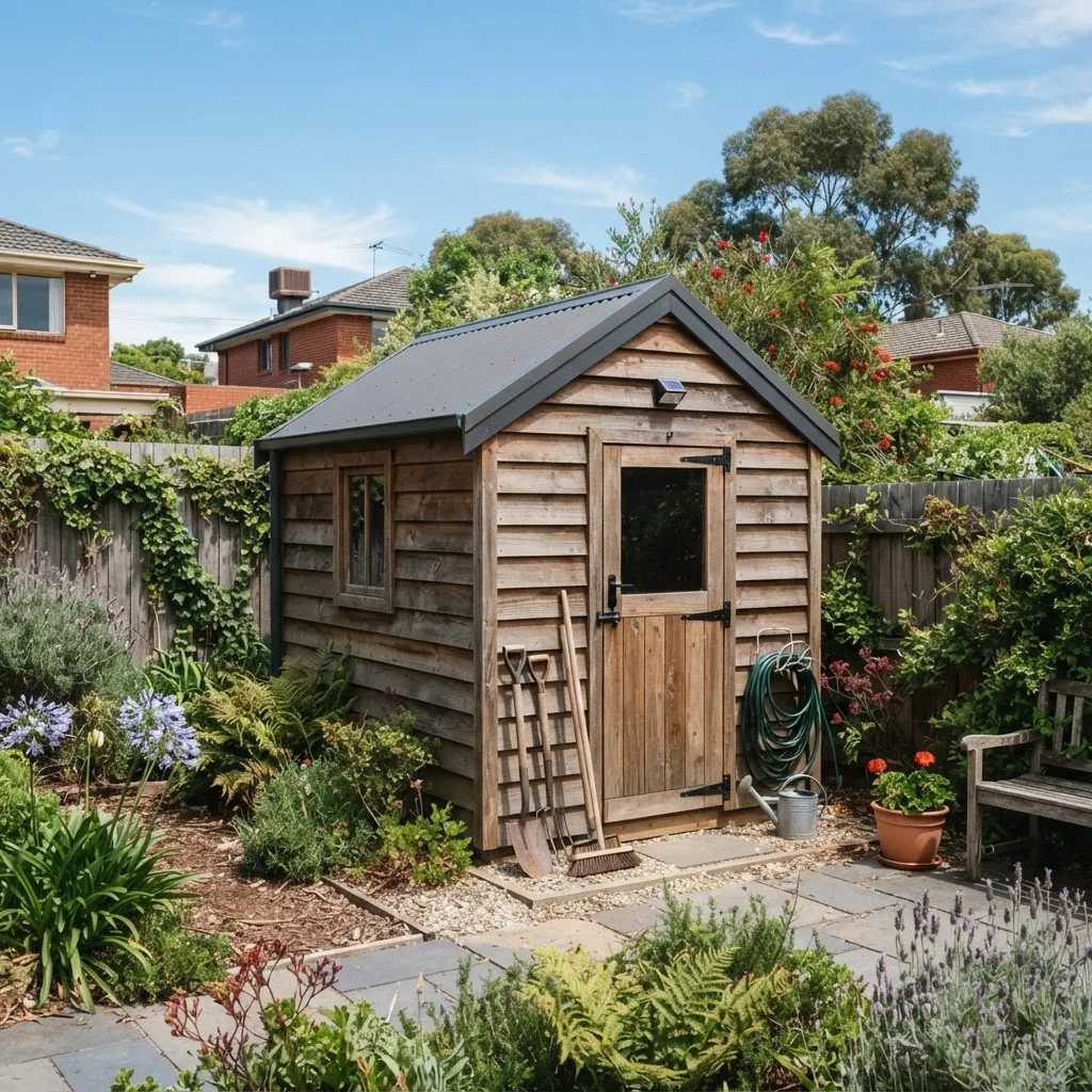 a medium-sized 6x6 wooden garden shed in a typical Melbourne suburban backyard, captured from an angle showing front door and two side