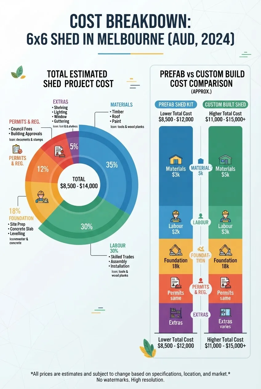 with a layered pie chart showing breakdown of 6x6 shed costs: materials, labour, foundation, permits, and extras, plus a vertical column