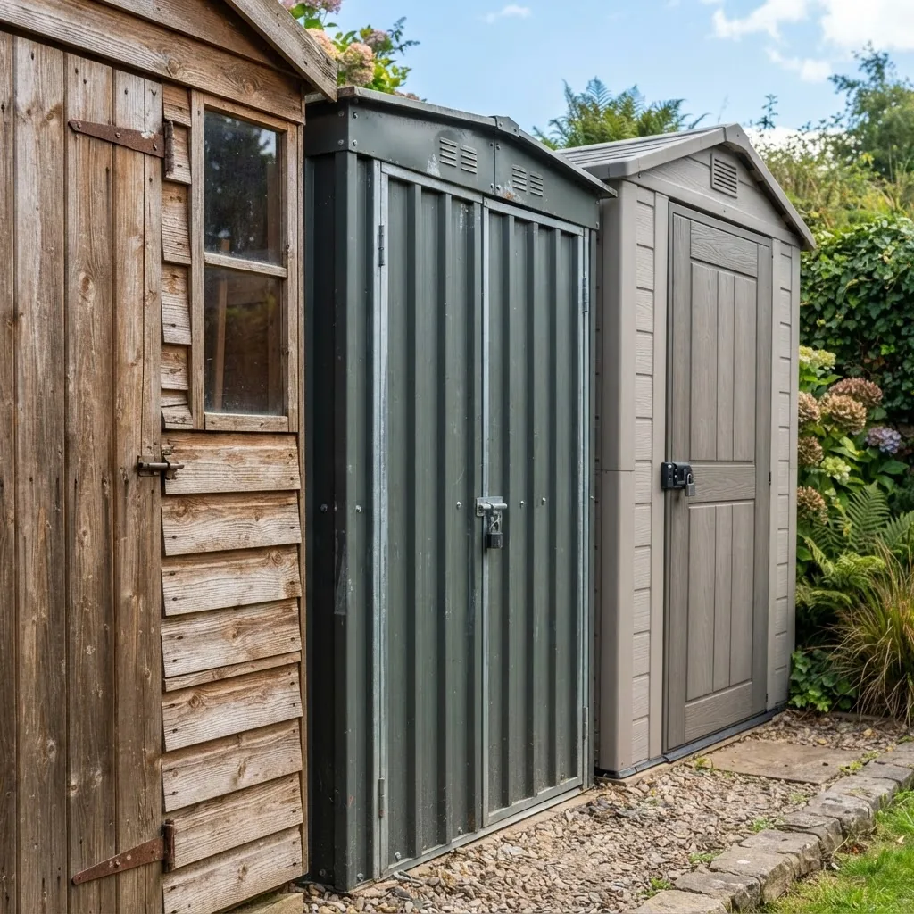 Close-up photo collage style showing three 6x4 sheds side by side made of timber, metal, and plastic materials under bright daylight