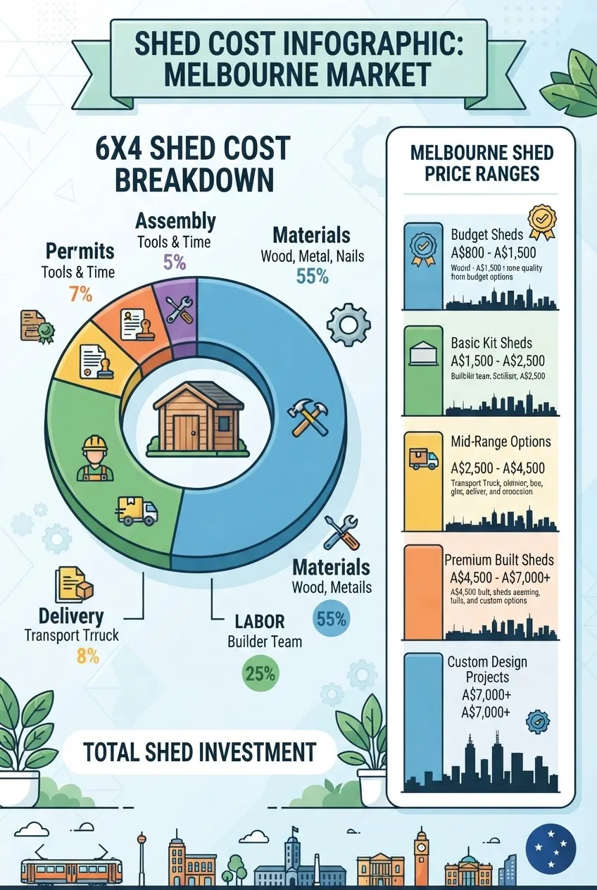 Infographic displaying a segmented pie chart with percentages for 6x4 shed costs: materials, labor, delivery, permits, and assembly; side
