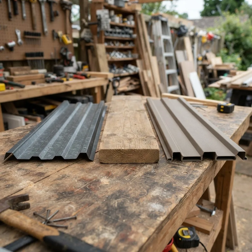 three shed material samples on a workbench: a corrugated metal panel, timber plank, and durable plastic panel, shot in natural daylight