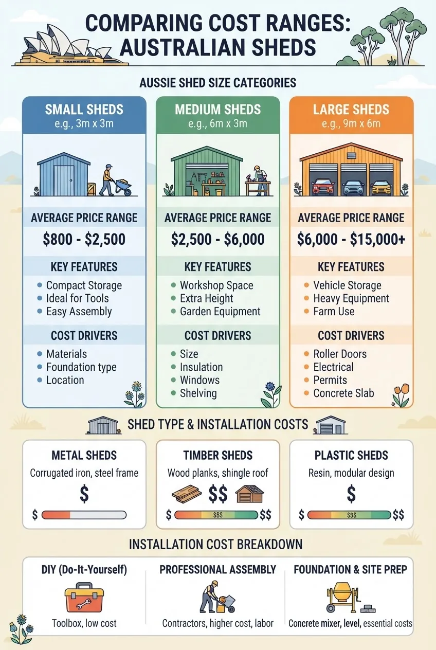 compares cost ranges of Aussie sheds by size categories (small, medium, large), type (metal, timber, plastic), and installation costs with