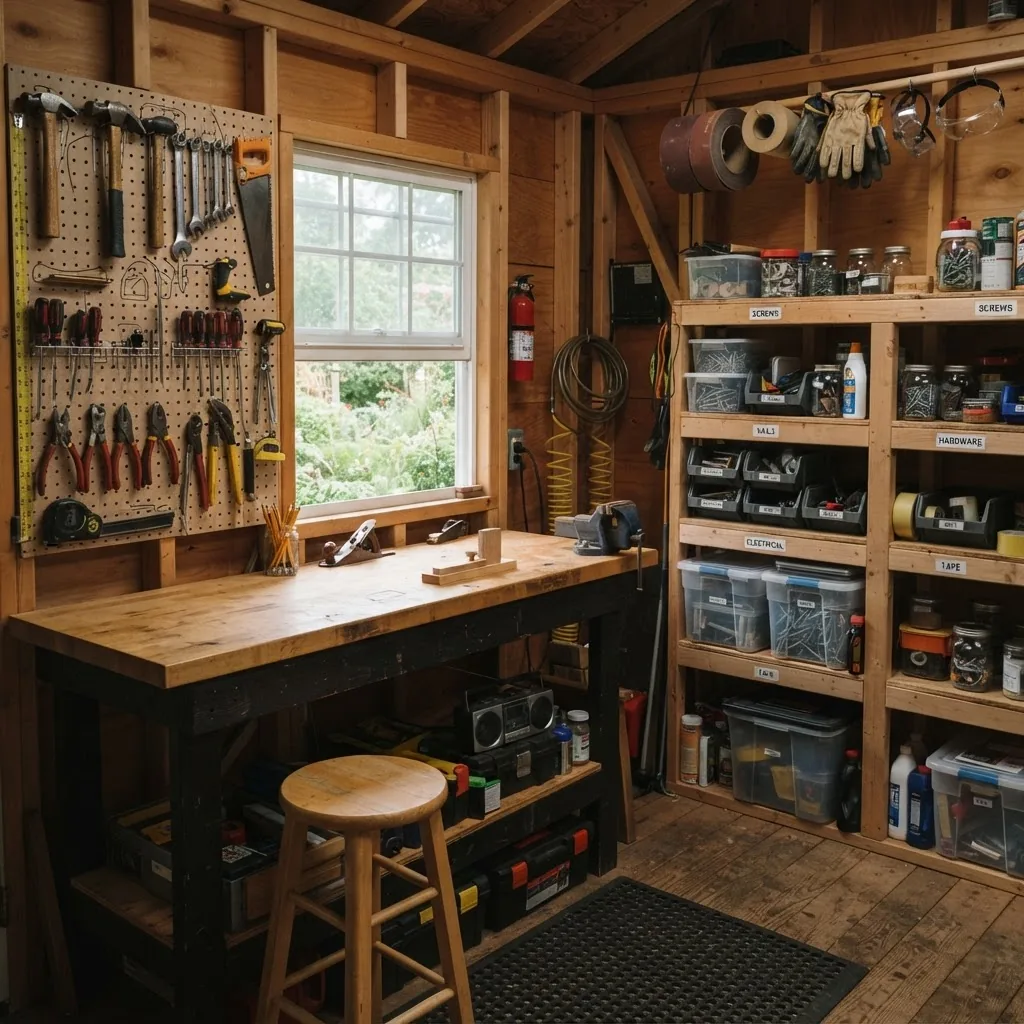 an interior view of a highly organised small backyard shed workshop showing wall-mounted pegboards with hand tools, built-in shelves with