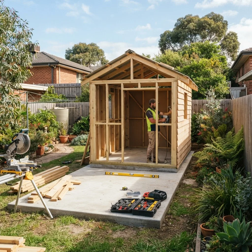 a sunny suburban backyard in Melbourne with a modest-sized wooden shed workshop under construction featuring a concrete slab foundation,
