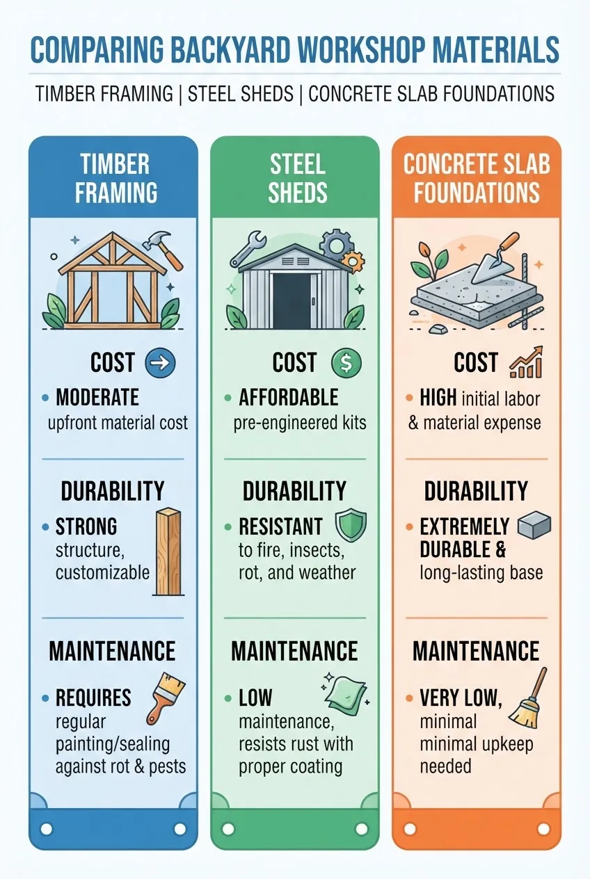compares building materials for backyard workshops: a three-column layout with column one for timber framing, column two for steel sheds,