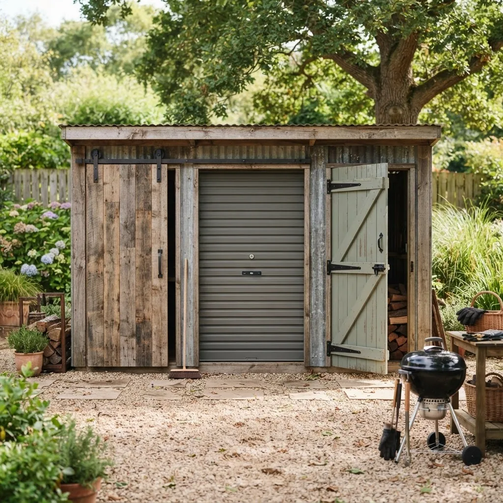 three types of barbecue shed doors – sliding door, roller door made of Colorbond steel, and traditional hinged door – each with distinct