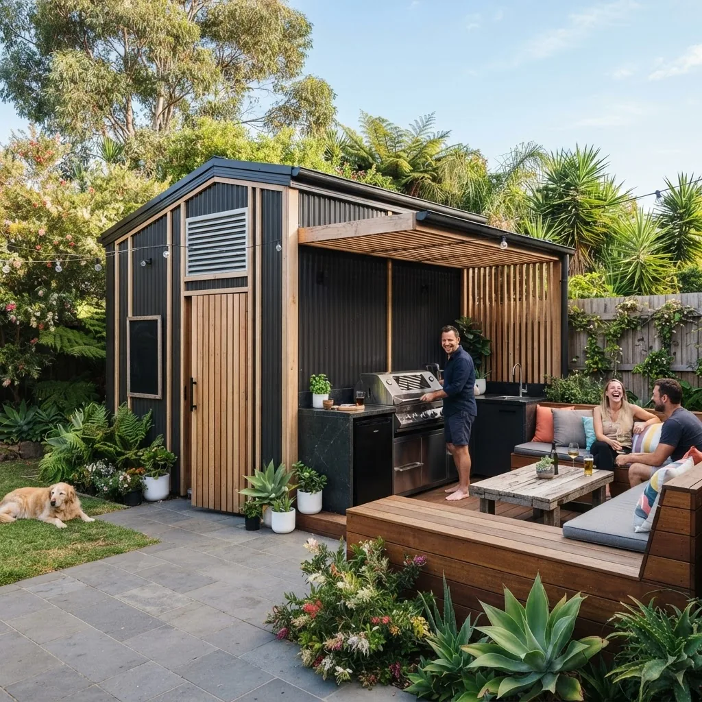 a sunny backyard scene in Melbourne showing a modern barbecue shed integrated into an outdoor kitchen, with a built-in grill, wooden bench