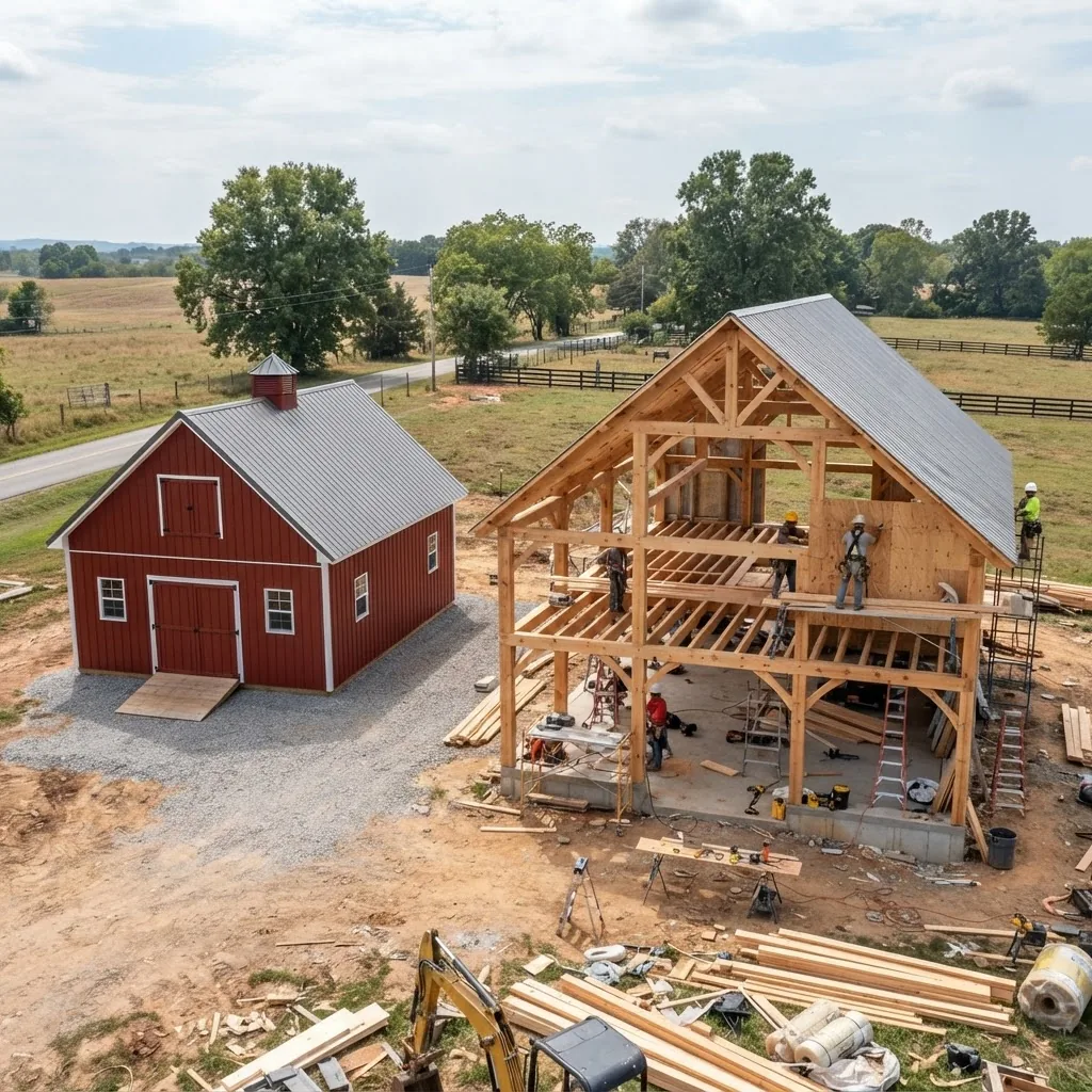 a finished barn shed kit installation next to a custom-built barn house under construction, highlighting structural differences, in