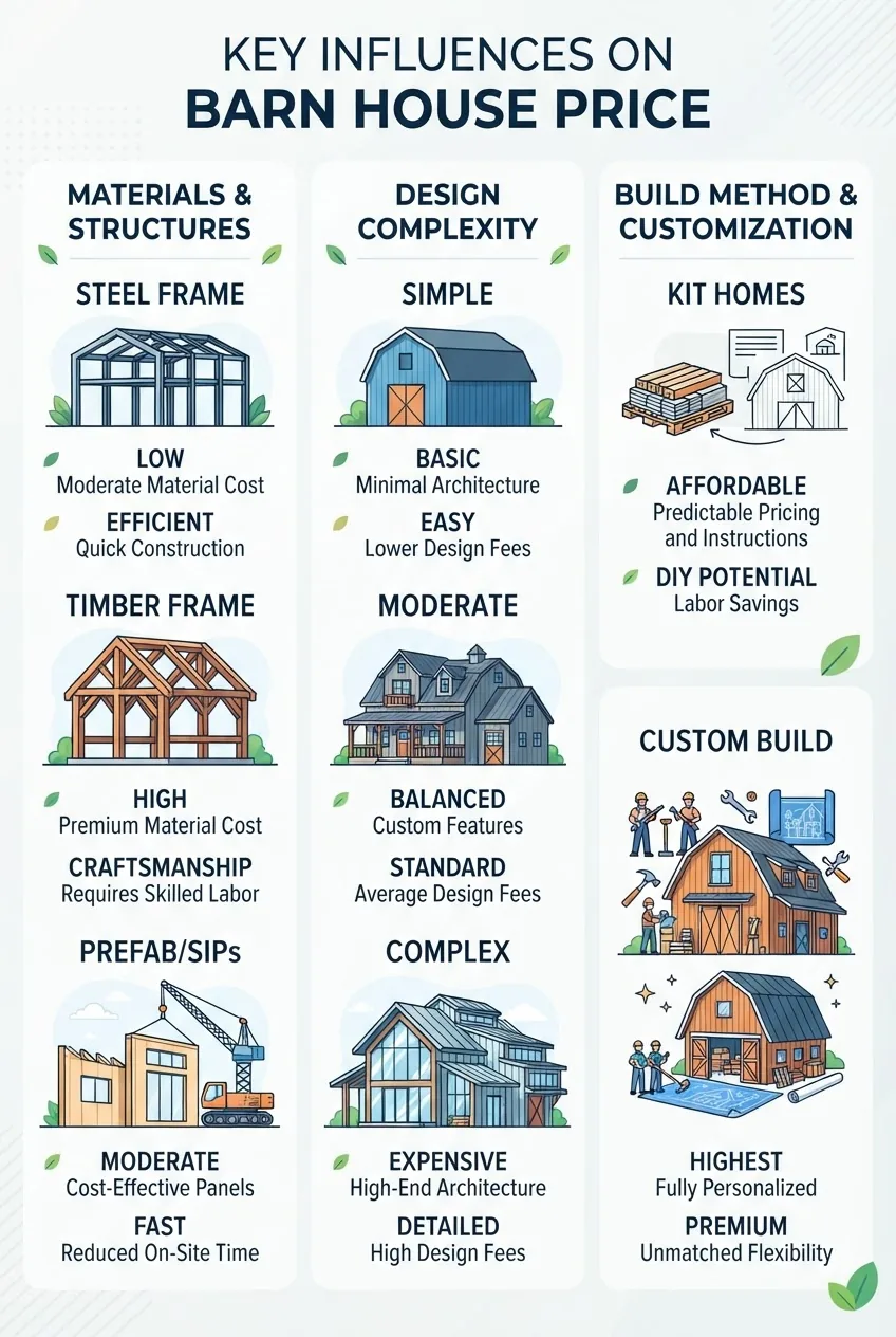 with three columns illustrating key barn house price influences: materials (with icons for steel, timber, prefab), design complexity
