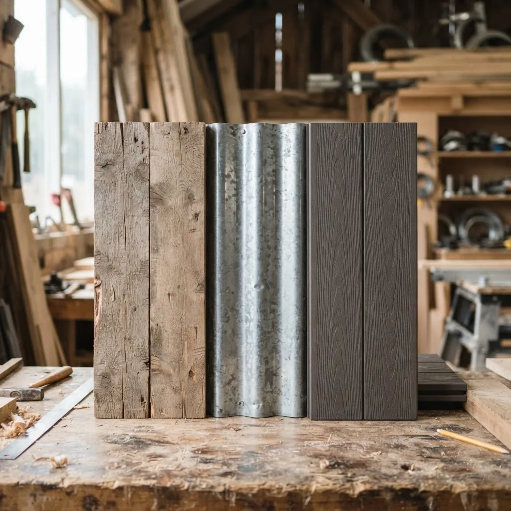 close-up of different barn shed construction materials arranged side-by-side: timber planks, galvanized steel panels, and composite boards,