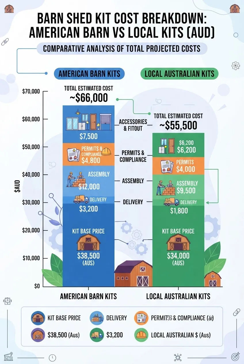 shows a multi-part cost breakdown bar chart for barn shed kits, segmented into categories: kit base price, delivery, assembly, permits, and