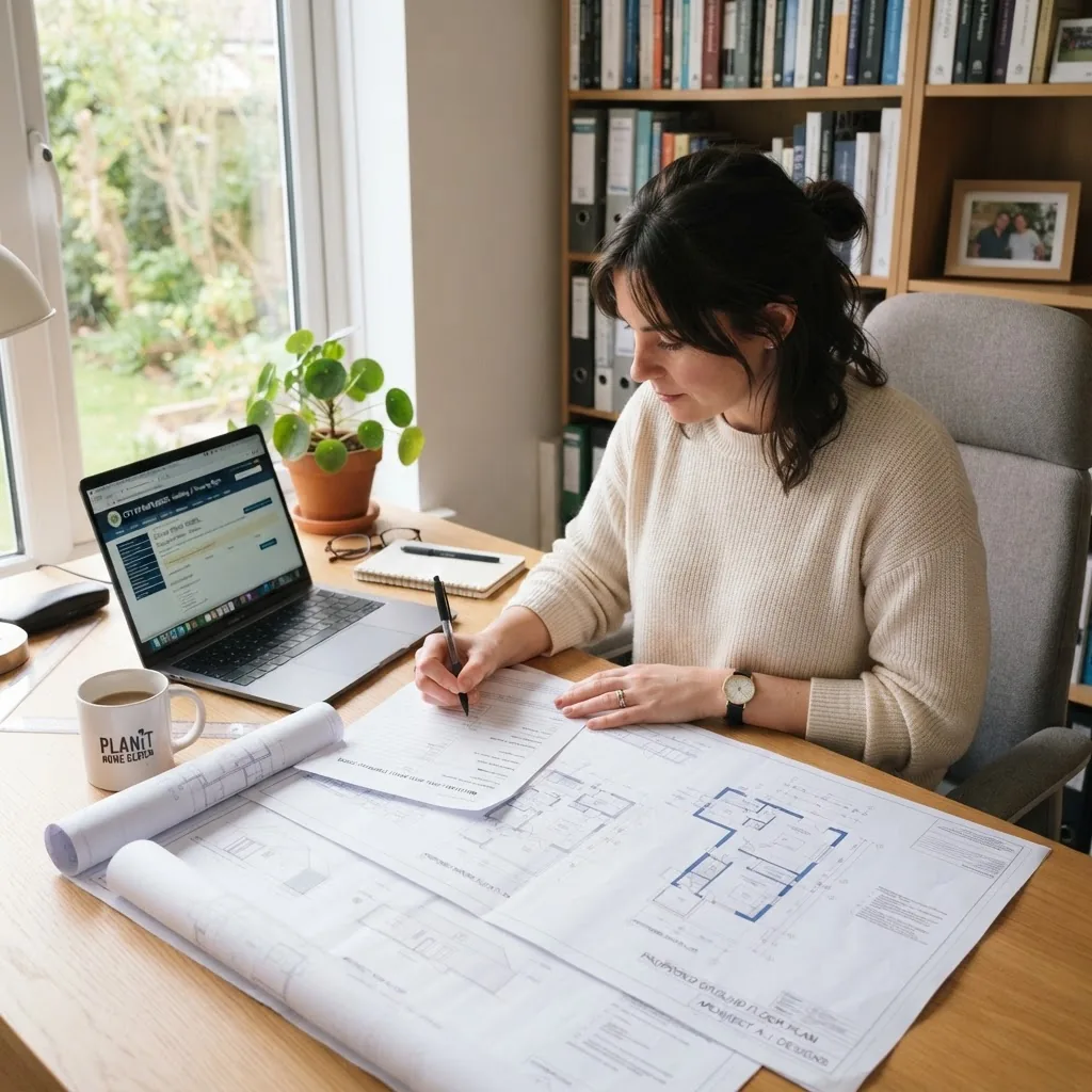 a person filling out building permit application documents at a desk with architectural drawings, a laptop displaying a local council