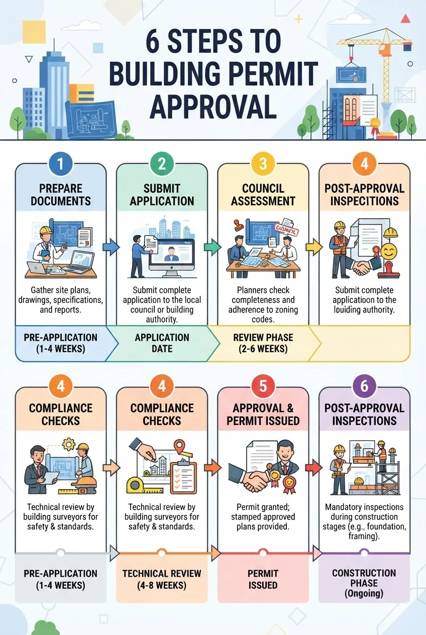 A clean, modern infographic illustrating 6 sequential steps in applying for a building permit: preparing documents, submitting application,