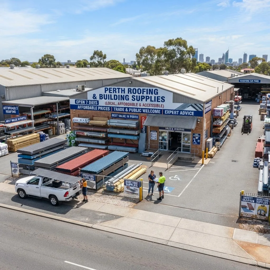 Exterior shot of a well-stocked local Perth roofing supplier store with visible roofing sheets stacked, signage indicating affordability,