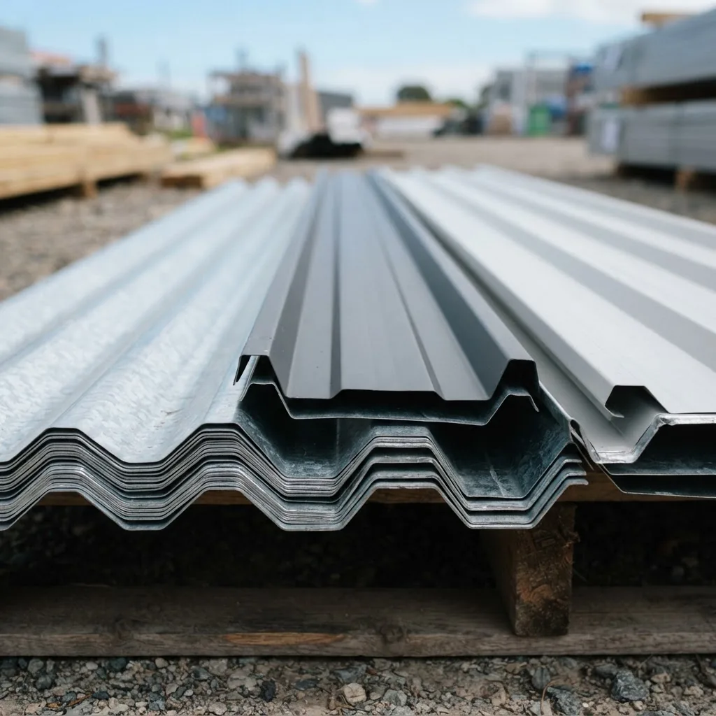Close-up photo of various affordable metal roofing sheets including corrugated, tray, and zincalume panels arranged neatly outdoors under
