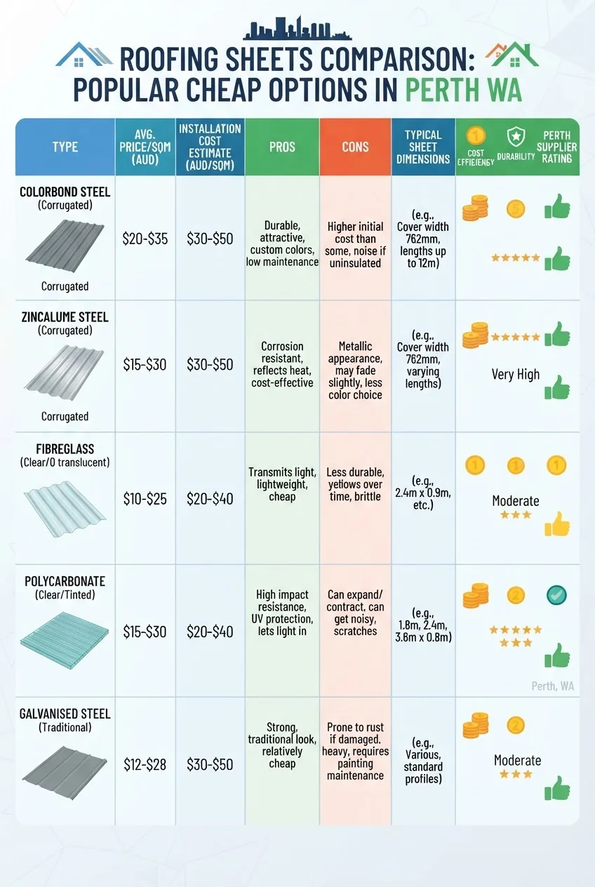 A clean infographic featuring a multi-row comparison table showing average price per square metre of popular cheap roofing sheets in Perth,