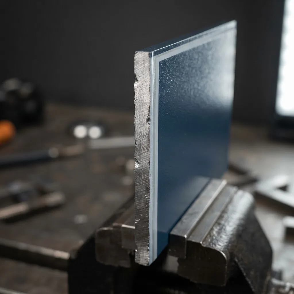Macro shot of Colorbond steel sheet edge showing the paint layers and steel substrate under bright studio lighting, highlighting texture