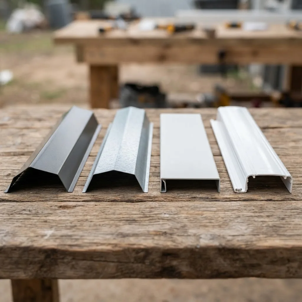 Close-up photo of various roof capping samples laid out side by side on a wooden surface: Colorbond steel, Zincalume, aluminium, and PVC,