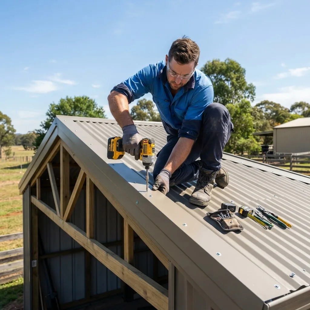 A high-resolution photo of a tradesperson installing Colorbond metal roof capping on a shed roof edge in bright daylight, showing tools