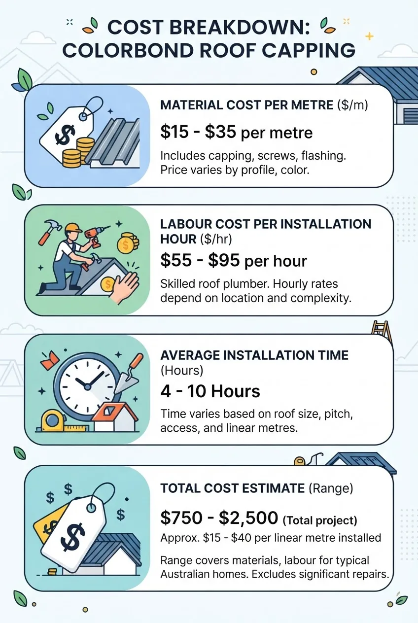 A clean infographic presenting a cost breakdown for Colorbond roof capping, divided into four sections: material cost per metre, labour