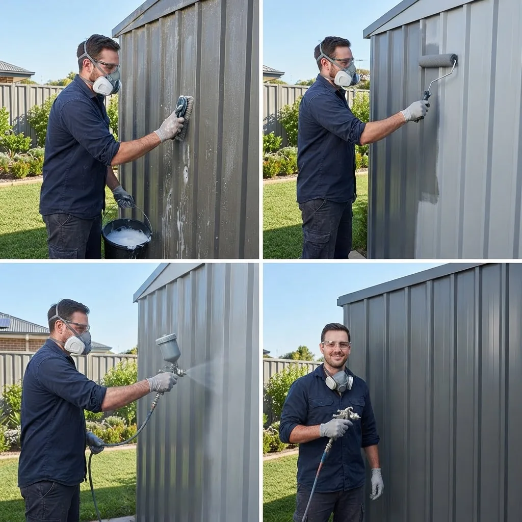 A step-by-step style image series of a person preparing and painting a Colorbond steel shed panel outdoors under clear daylight, showing