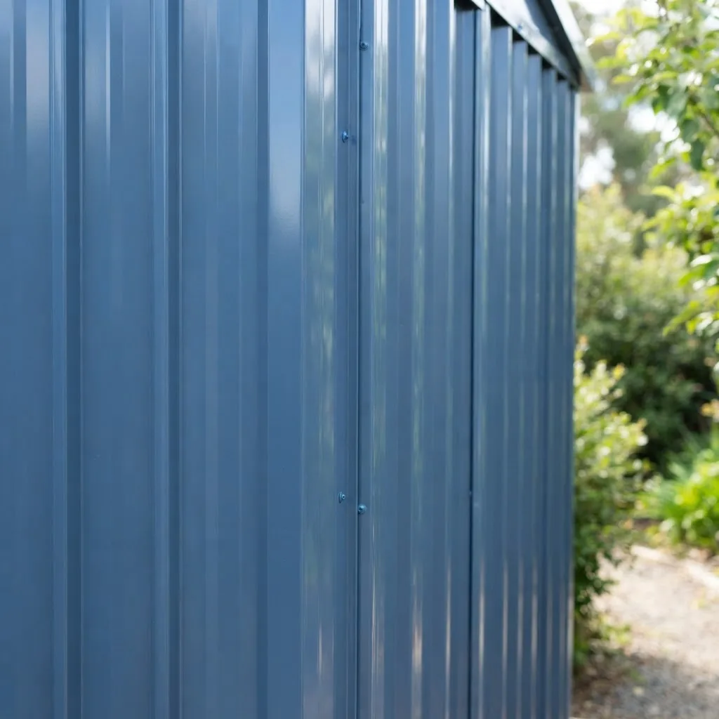 A close-up photo of a shed exterior painted in Colorbond Blue Ridge, showing smooth steel texture and natural daylight highlighting the